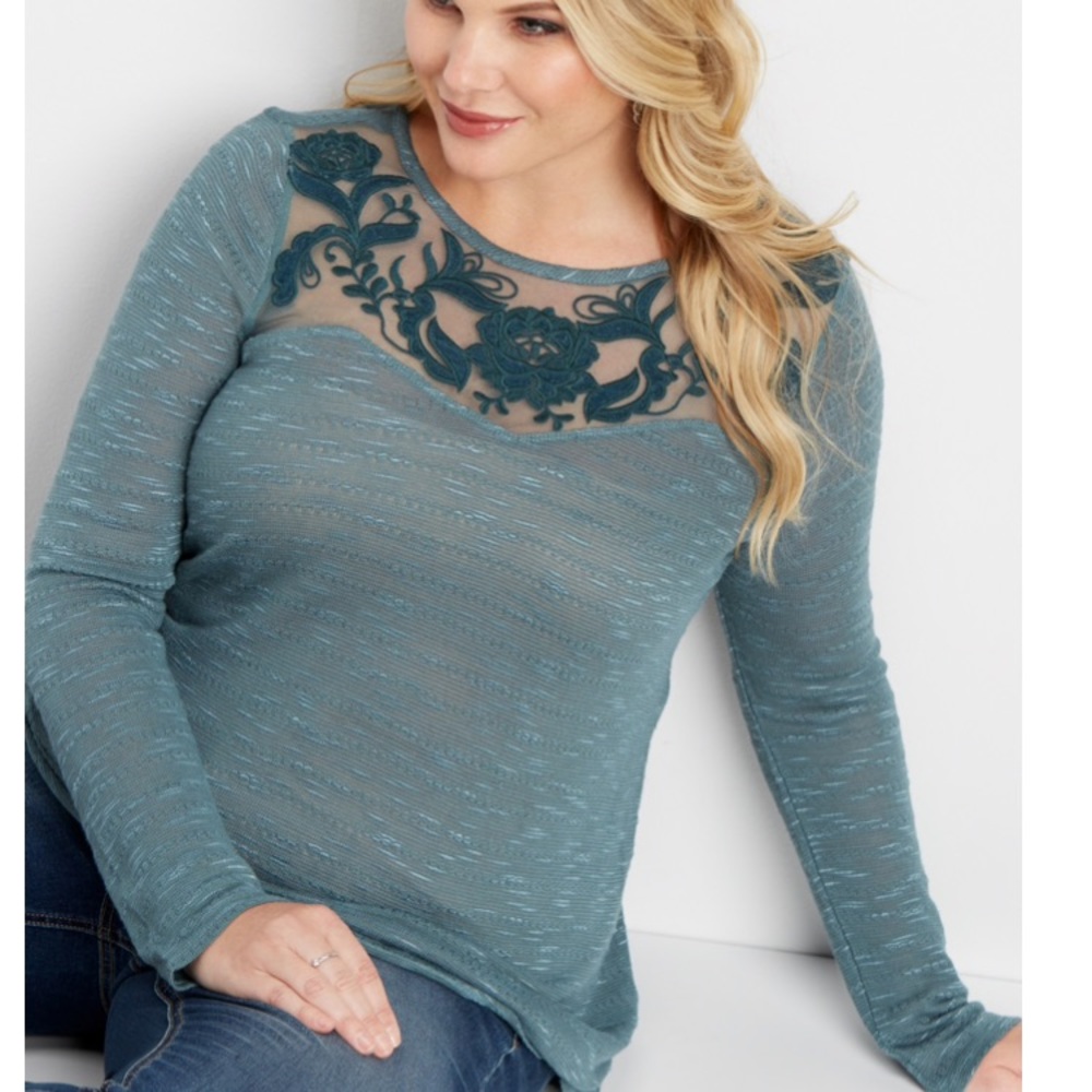 Maurices teal velvet embroidered top